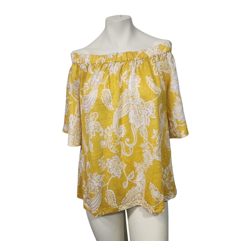 Chico's Yellow White Linen tropical Blouse Size 2 Large Off Shoulder Peasant Top